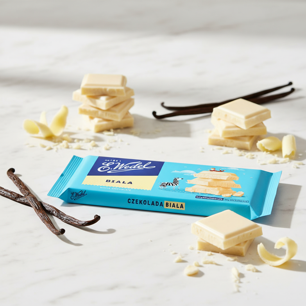 E. Wedel Biała white chocolate bar on white marble with vanilla pods and white chocolate shavings