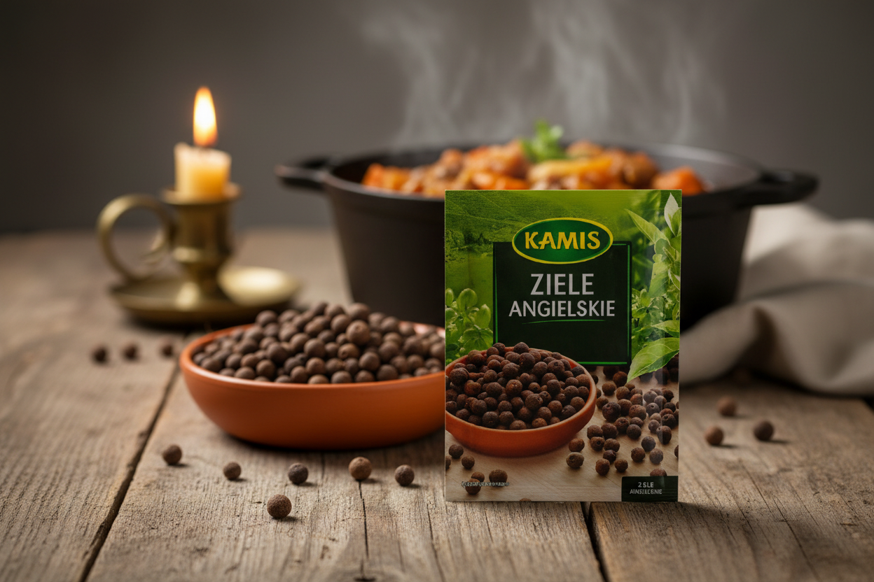 Kamis allspice packet on a rustic wooden table with terracotta bowl overflowing with whole allspice berries and scattered berries on wooden surface and steaming pot of Polish bigos in the background