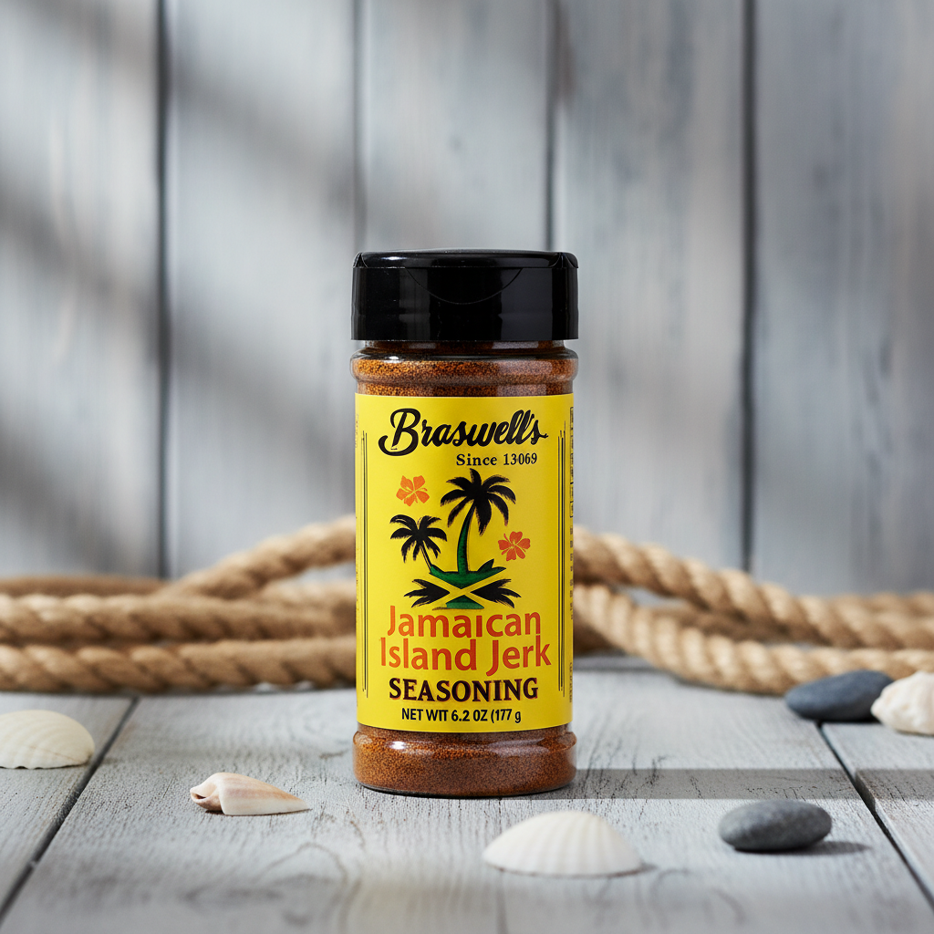 Braswell's Jamaican Island Jerk Seasoning jar with premium coastal background