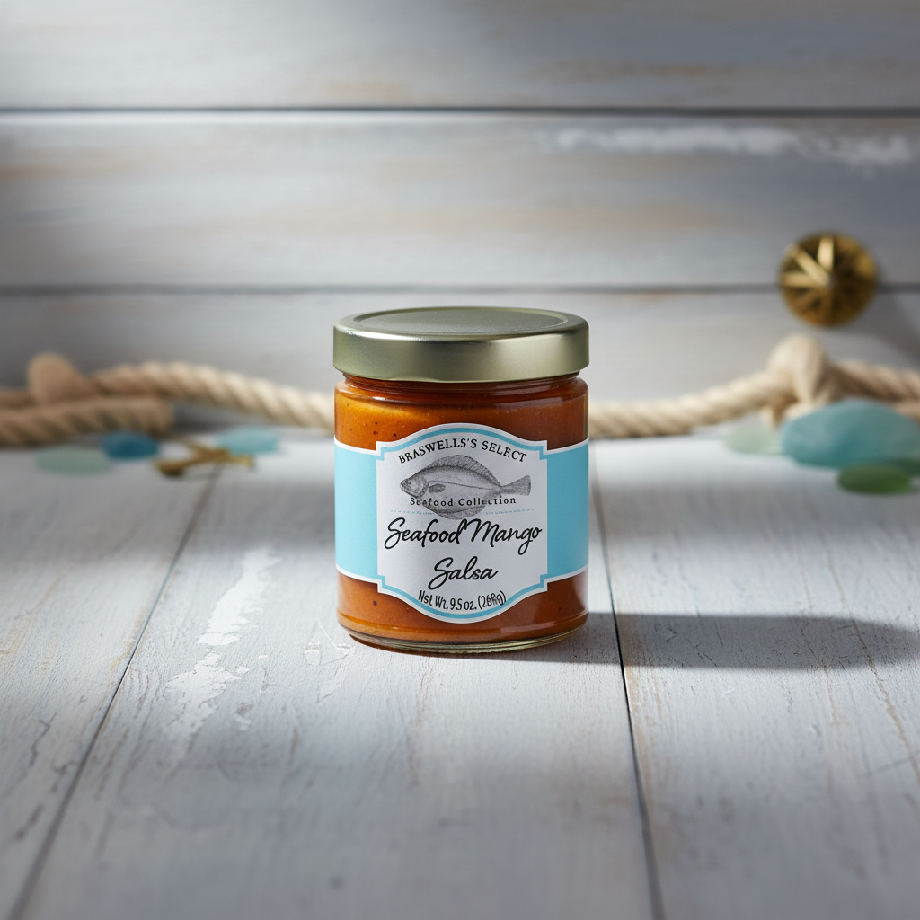 Braswell's Seafood Mango Salsa jar with premium coastal background