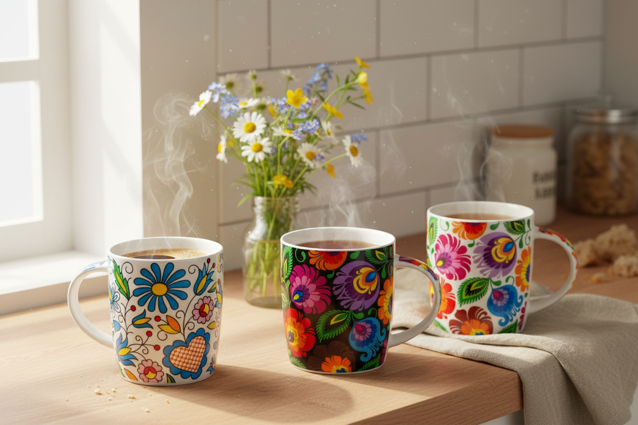 Three Folkstar Hania mugs on a wooden kitchen shelf filled with coffee and tea with fresh wildflowers