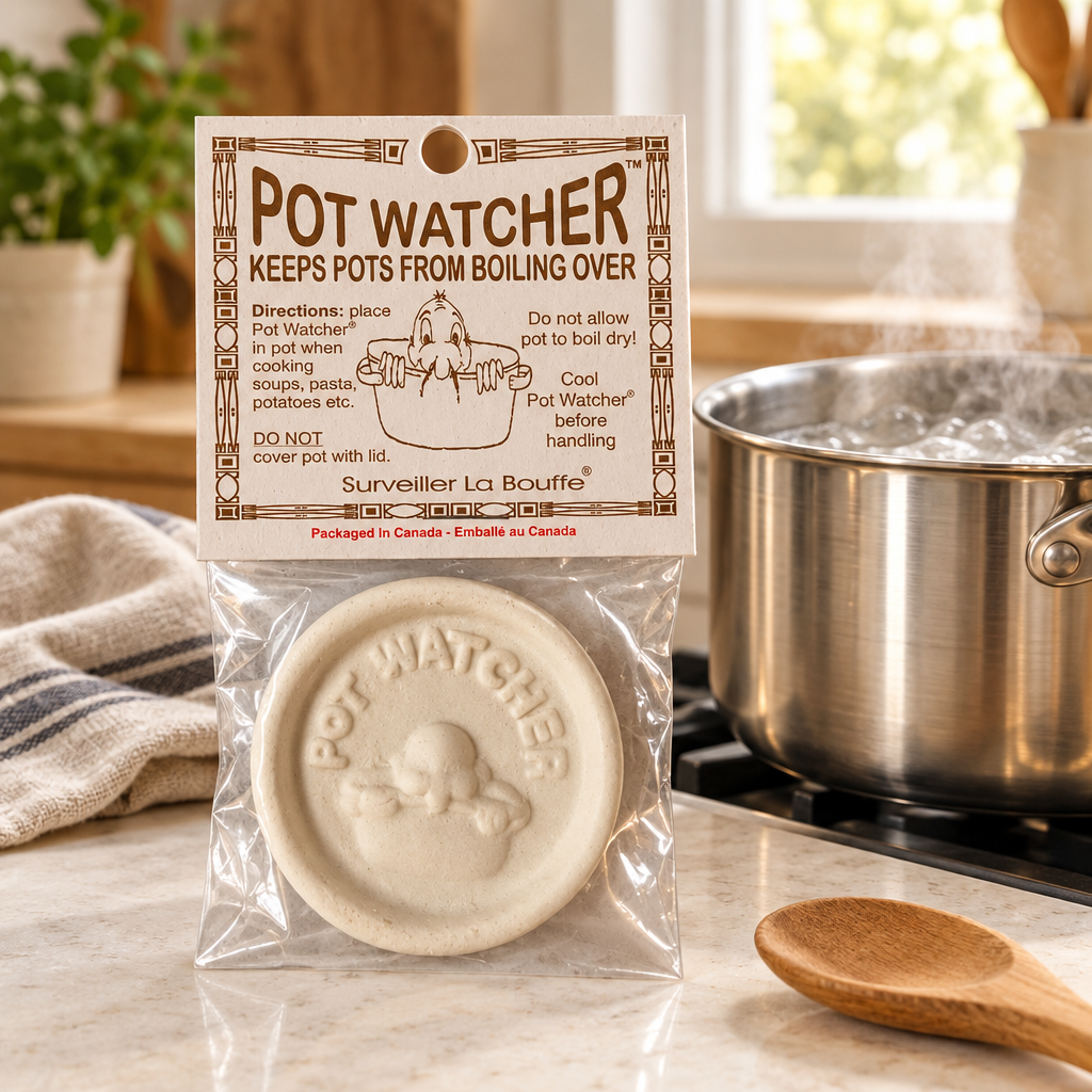Packaged Pot Watcher boil-over preventer in a warm home kitchen beside a saucepan