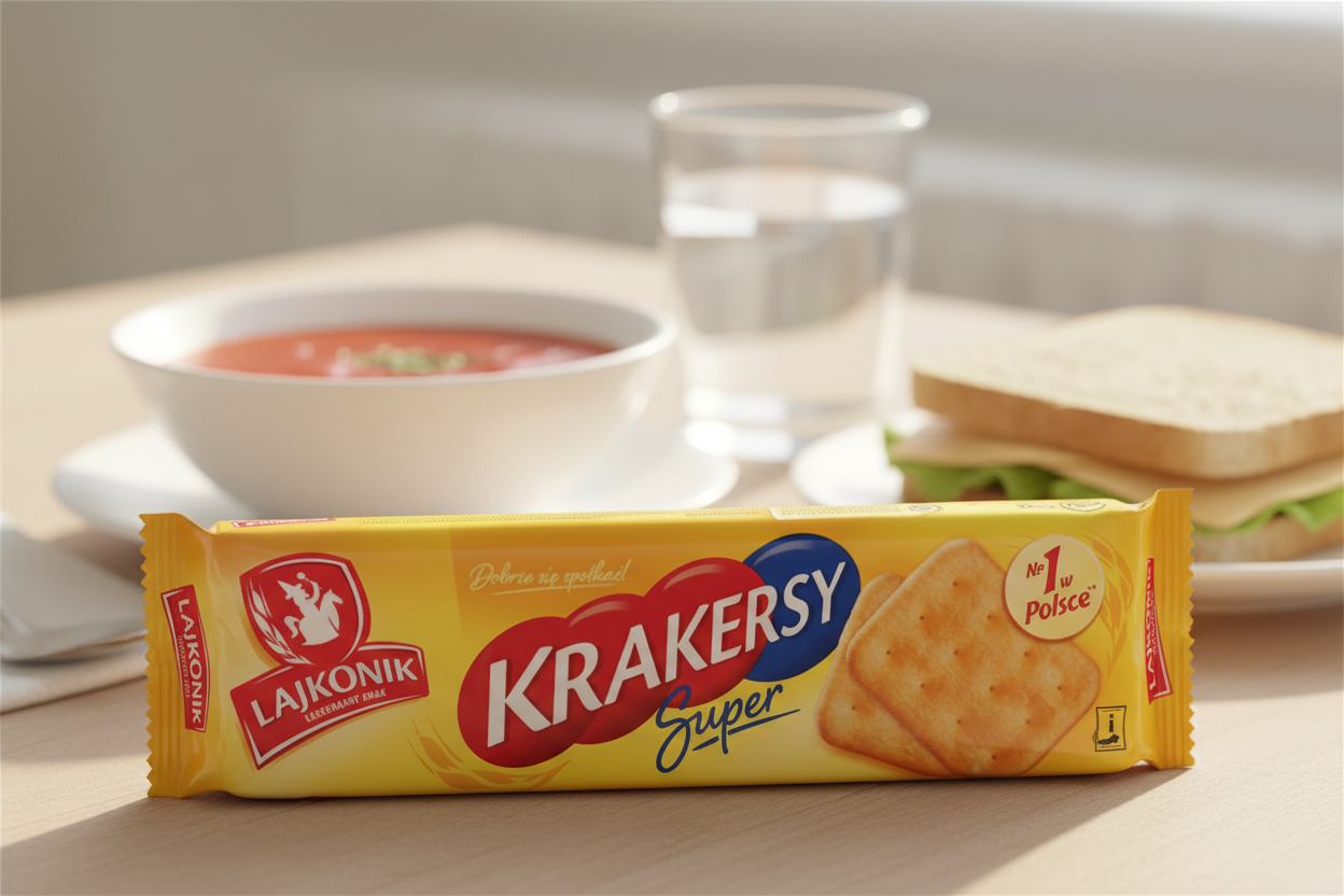 Lajkonik Krakersy Super crackers on lunch table with soup and sandwich
