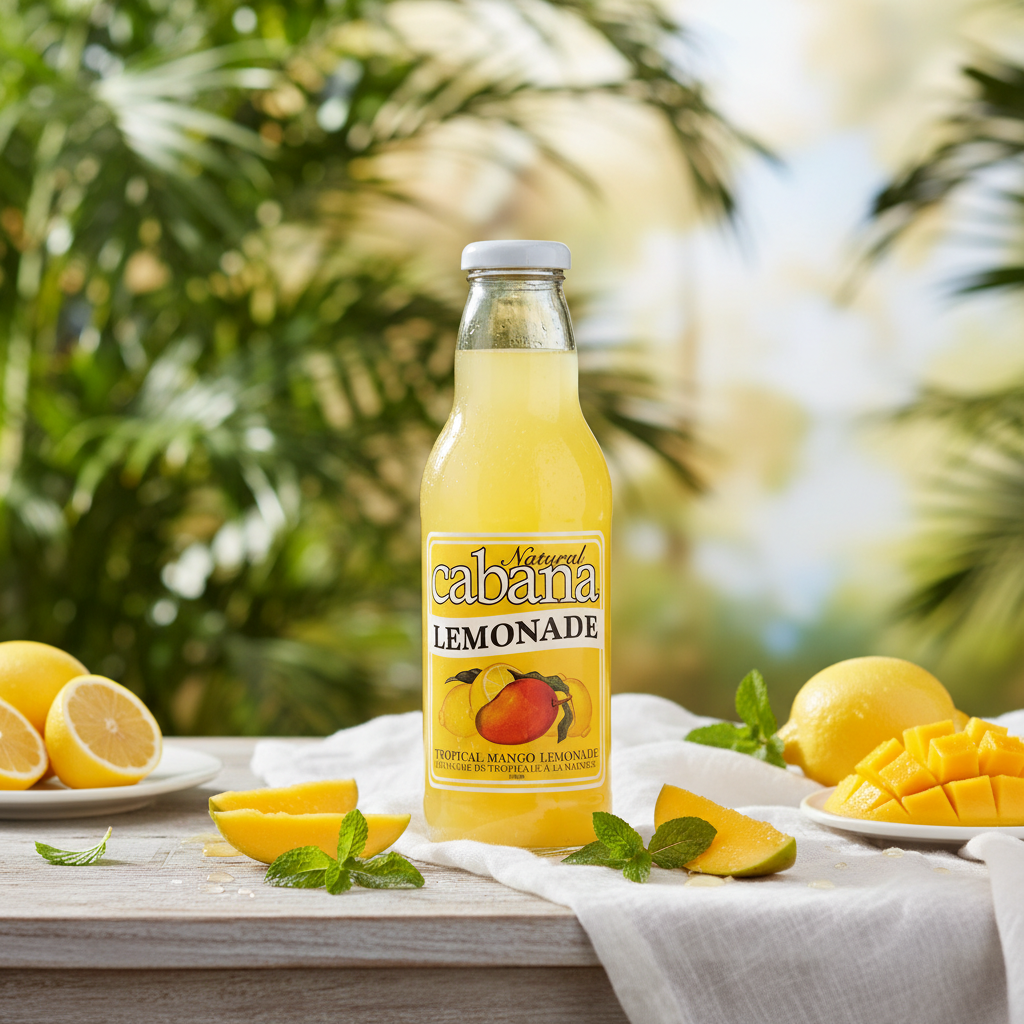 Natural Cabana Tropical Mango Lemonade bottle with premium background