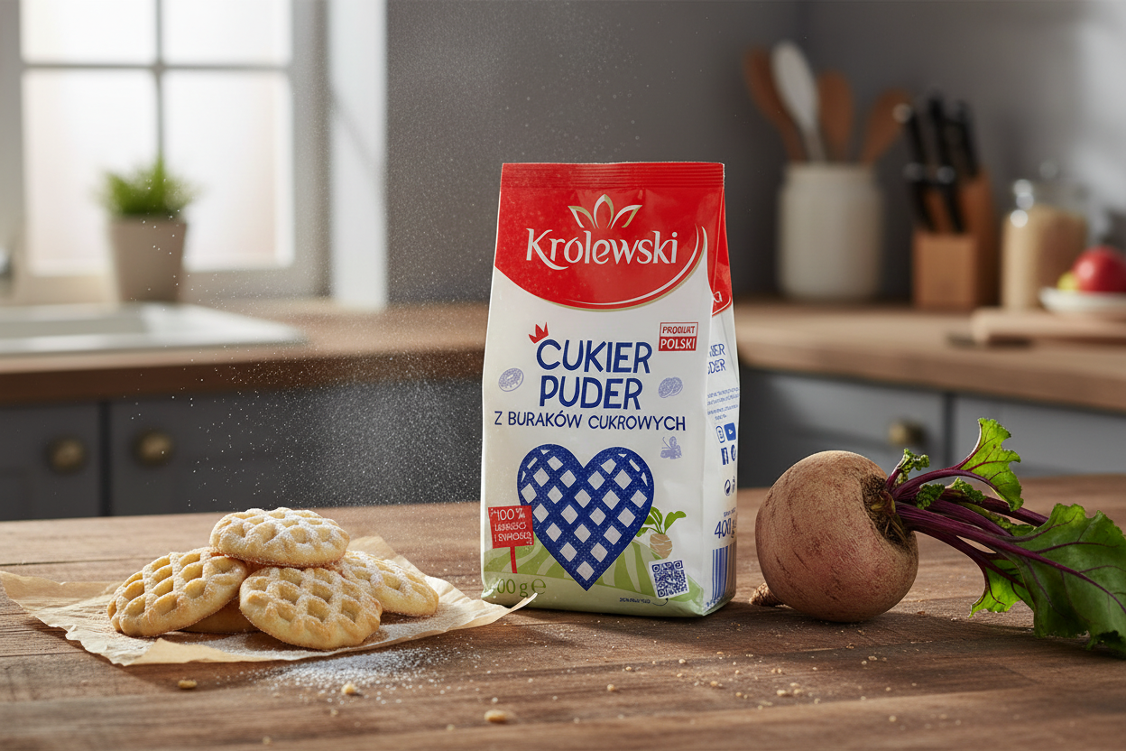 Królewski icing sugar bag on a kitchen table with dusted cookies and a sugar beet