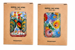 Both Folkstar Kufel do Piwa beer mugs displayed side by side with their kraft gift boxes — folk floral and rooster designs