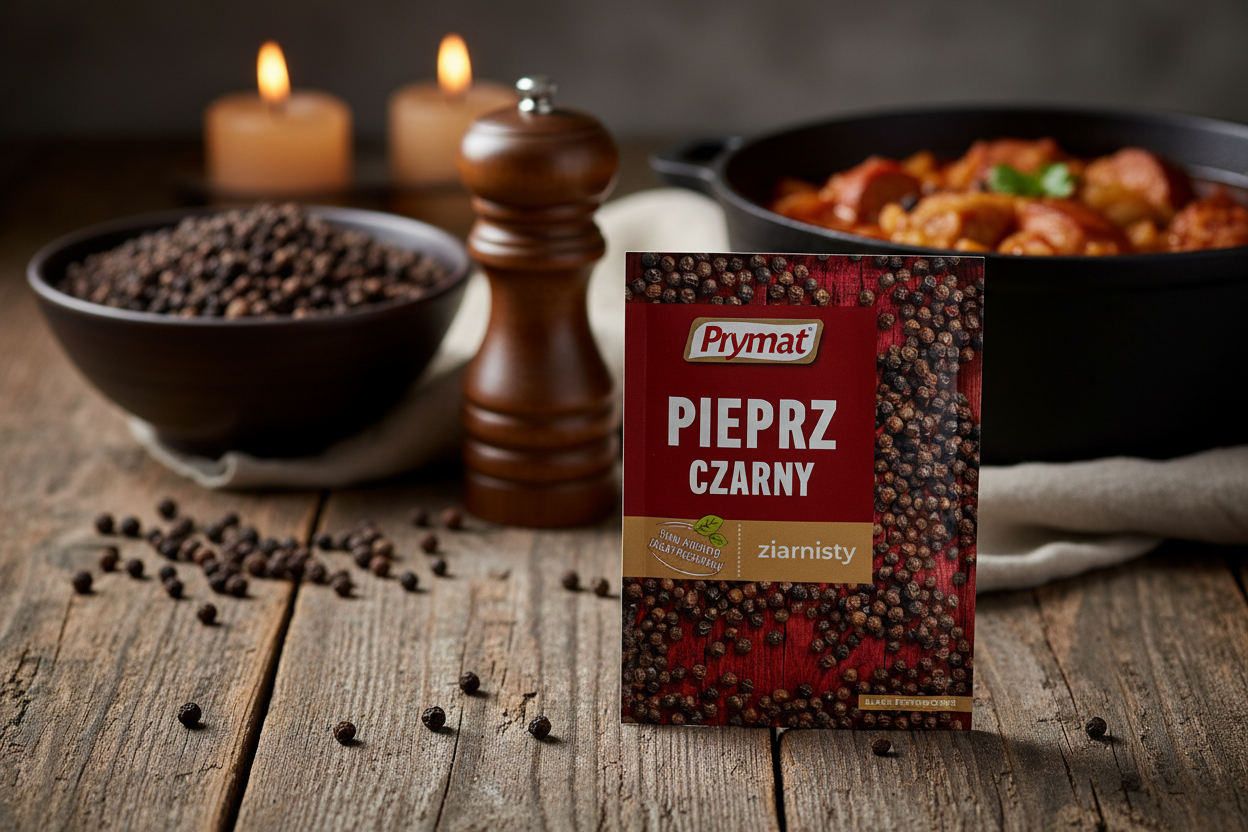 Prymat whole black peppercorns packet on a rustic wooden table with dark ceramic bowl overflowing with whole black peppercorns spilling onto the surface and classic wooden pepper mill grinder alongside and rich Polish bigos simmering in dark cast iron pot in the background