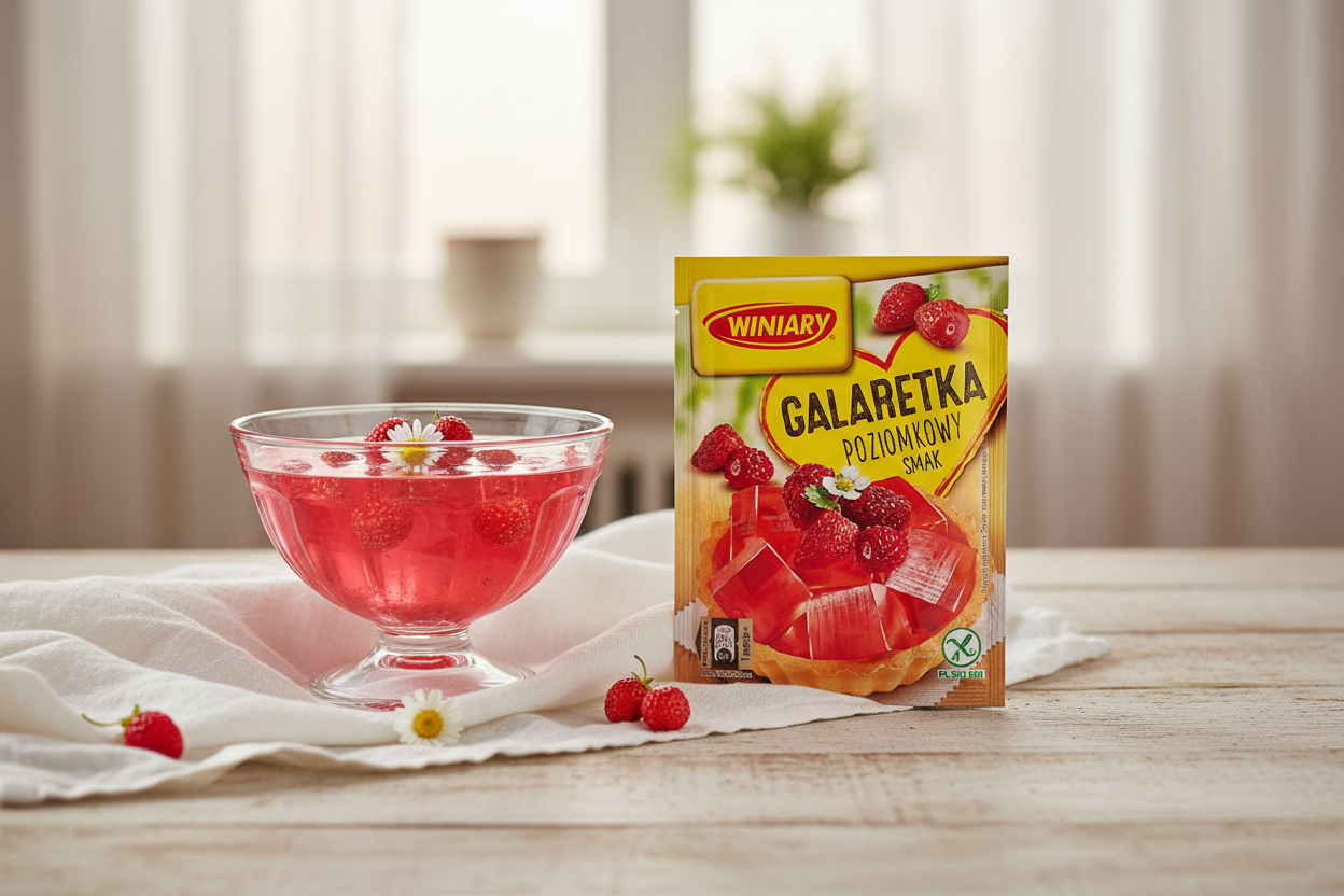 Winiary wild strawberry jelly packet on a wooden table with a bright pink wild strawberry jelly set in a glass dessert bowl with tiny fresh wild strawberries and a small daisy flower alongside