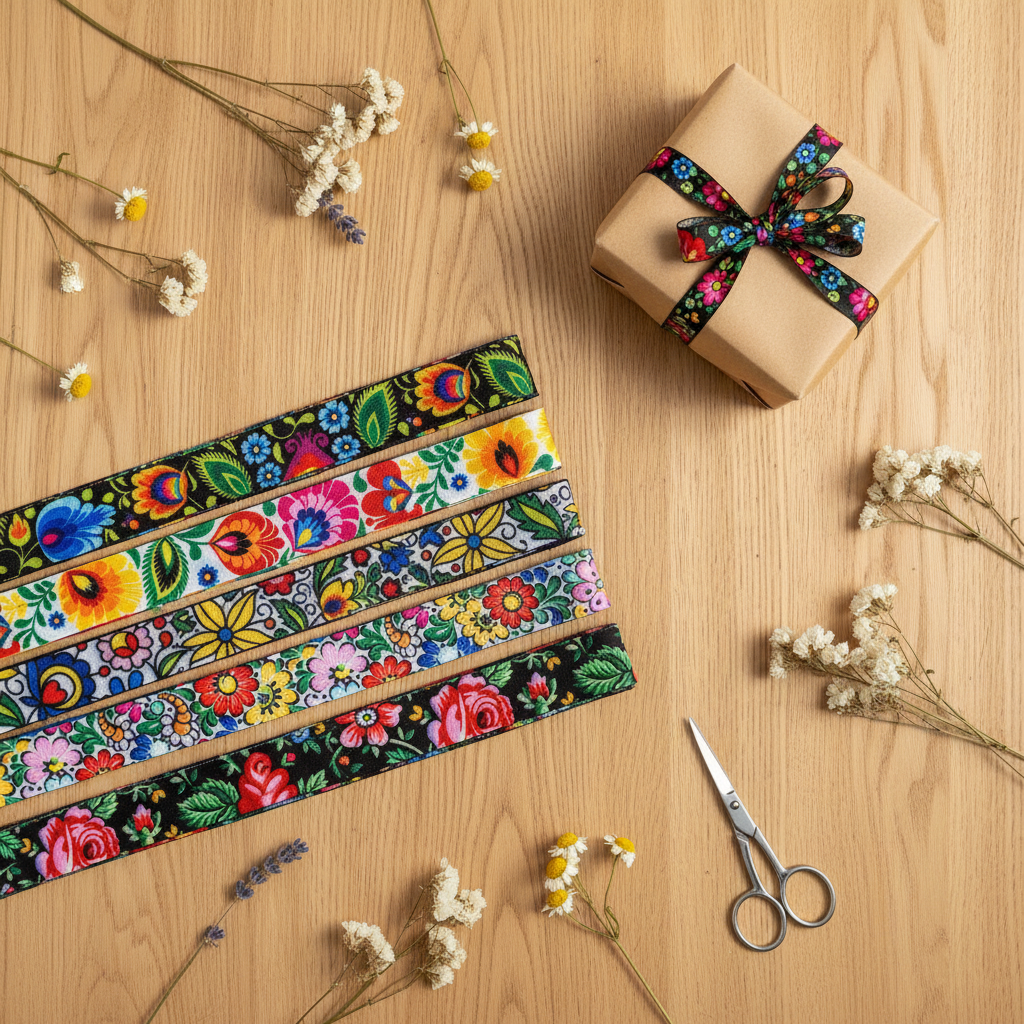 Folkstar folk ribbons flat lay with wrapped gift, scissors, and dried wildflowers on a wooden table