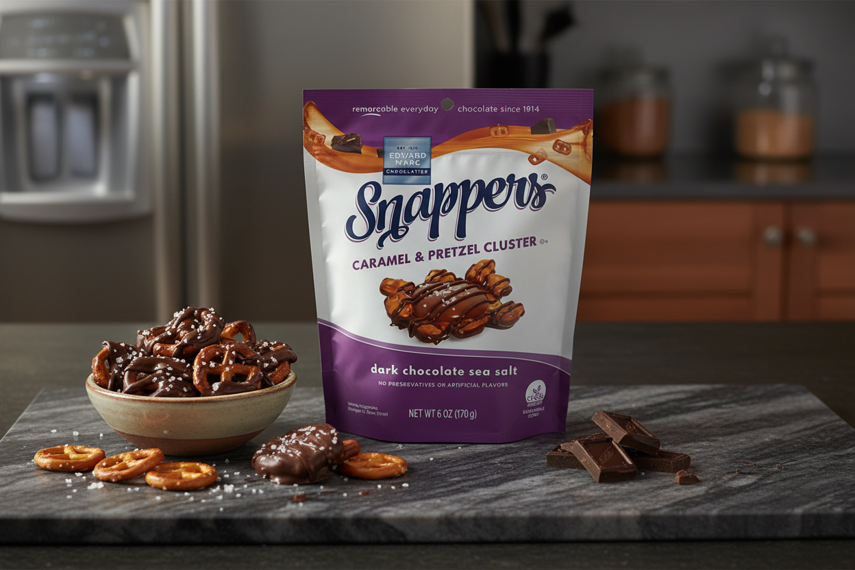 Snappers Caramel Pretzel Clusters with dark chocolate and sea salt