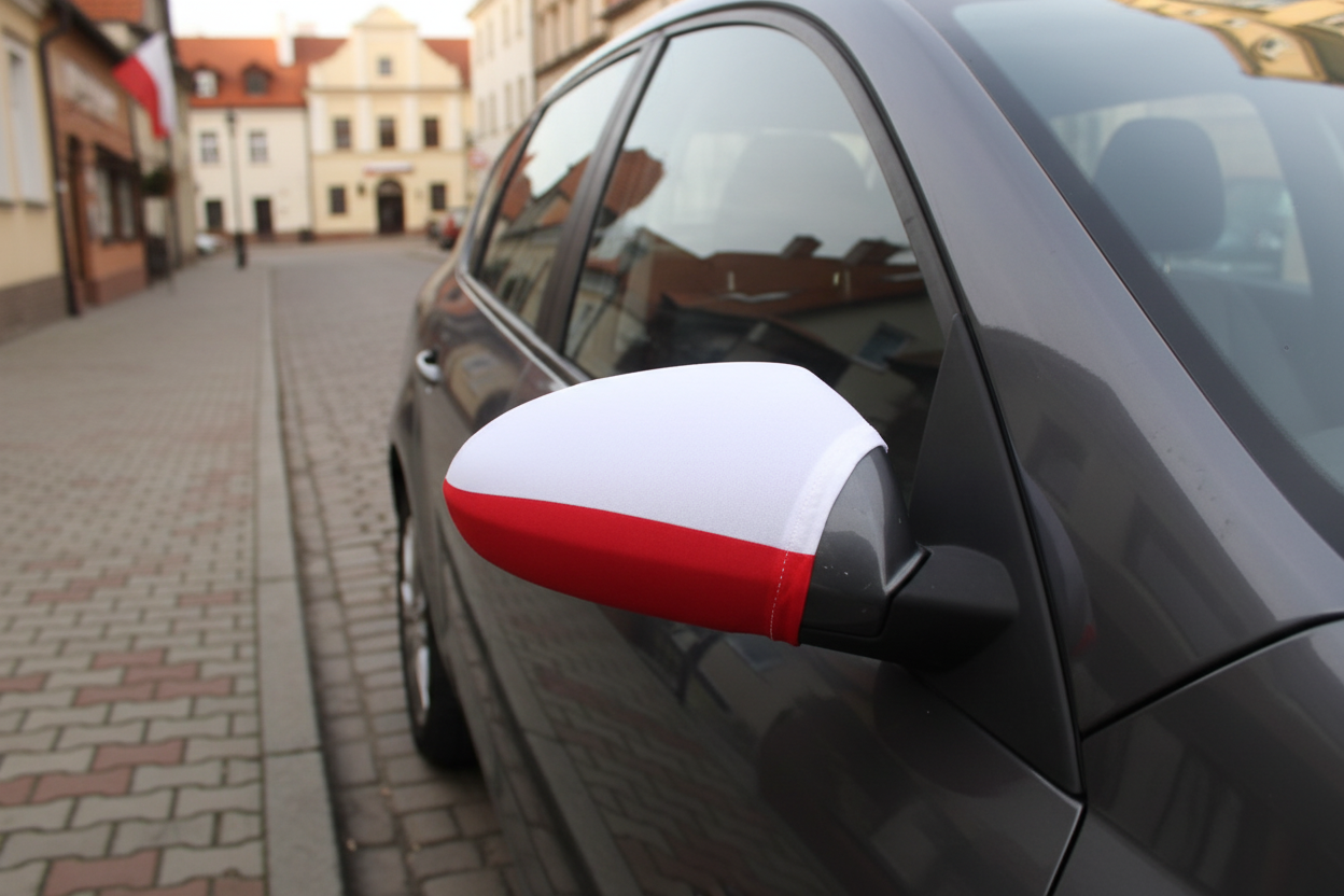 Car with both side mirrors covered in Polish flag mirror covers white and red Bialo-Czerwoni
