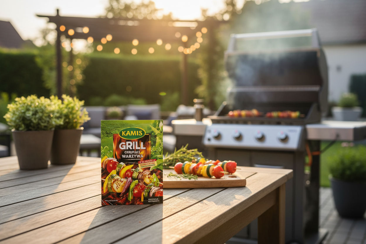 Kamis Grill Vegetable Seasoning on outdoor patio table with grilled vegetables