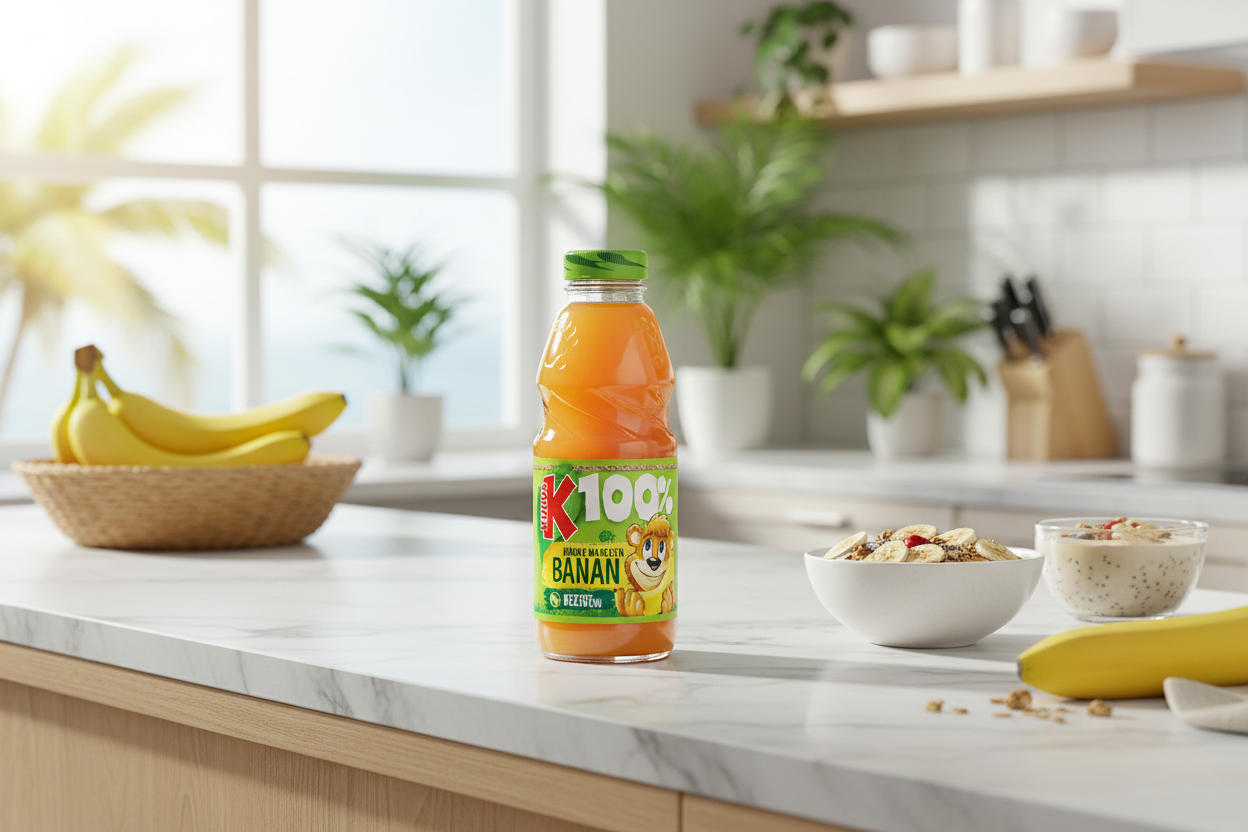 Kubus 100% Banana Juice on tropical kitchen counter with fresh bananas