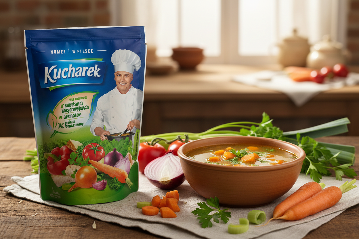 Kucharek seasoning bag on a wooden table with a golden vegetable broth soup bowl and fresh tomatoes onions carrots and parsley