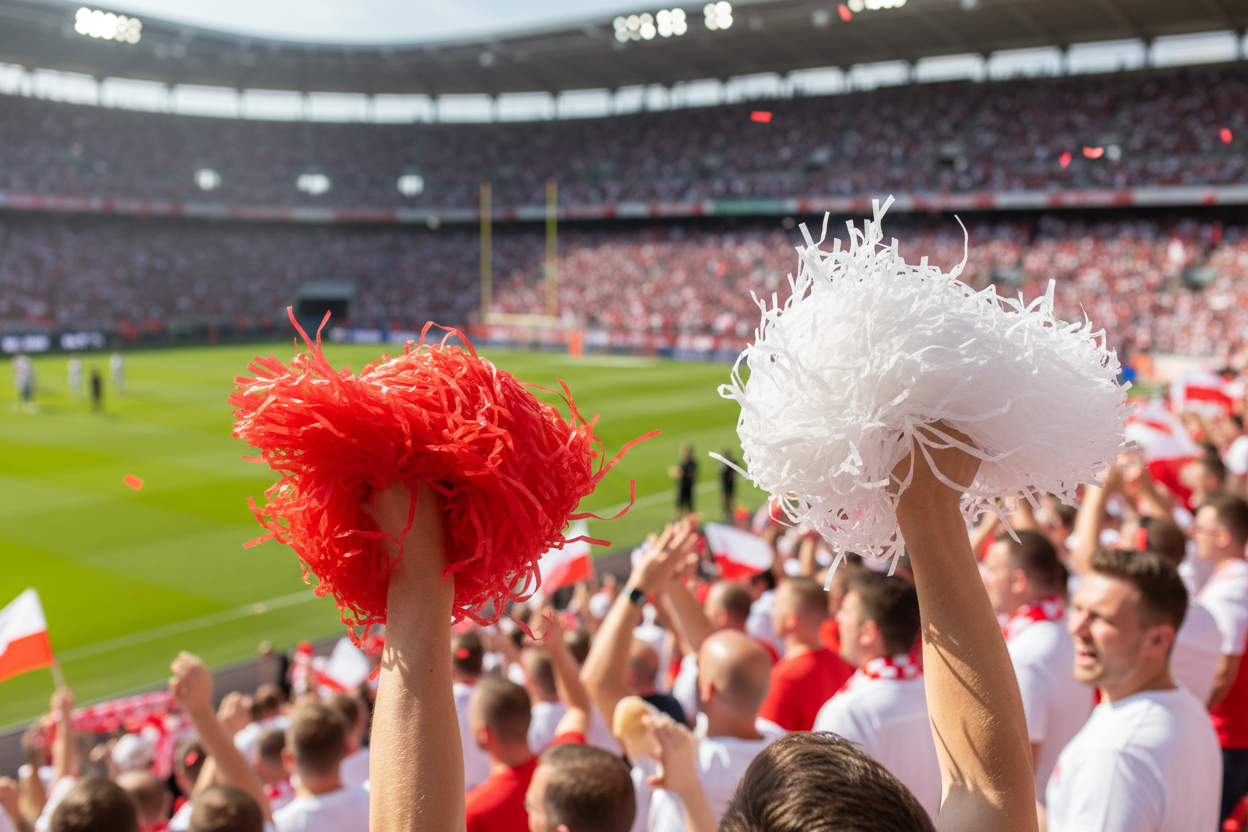 Red and white pompoms being waved at a football match cheering for Poland