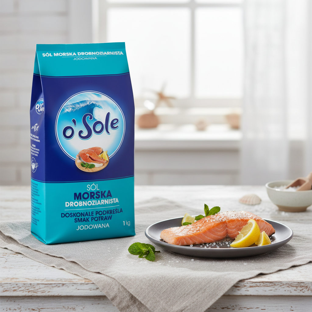 O'Sole fine sea salt styled with plated salmon, lemon, and mint on a coastal kitchen table