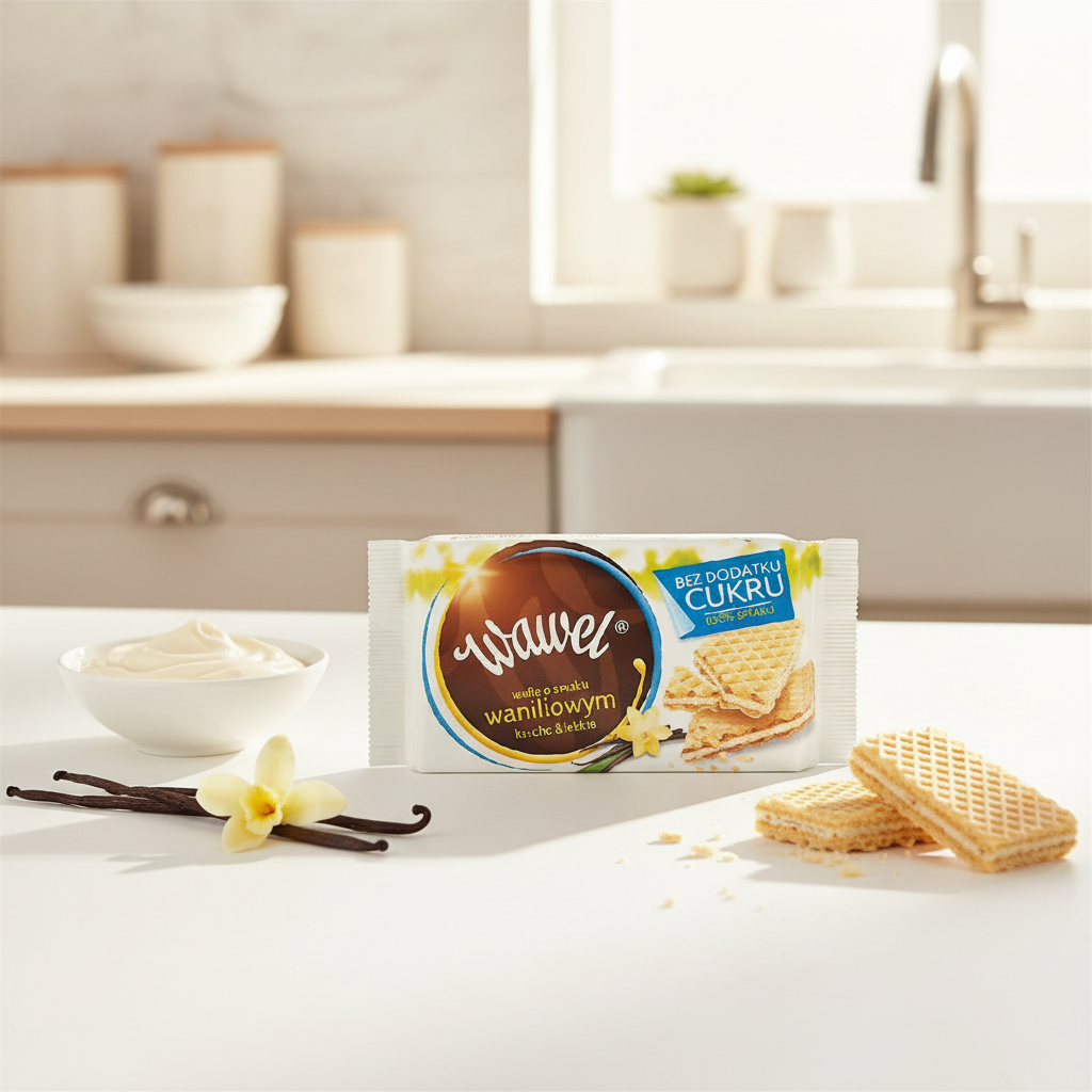 Wawel vanilla wafers on a bright white kitchen table with vanilla pods and cream