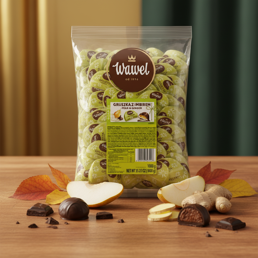 Wawel Pear & Ginger chocolates 1kg bag on wooden table with fresh pear, ginger root and autumn leaves