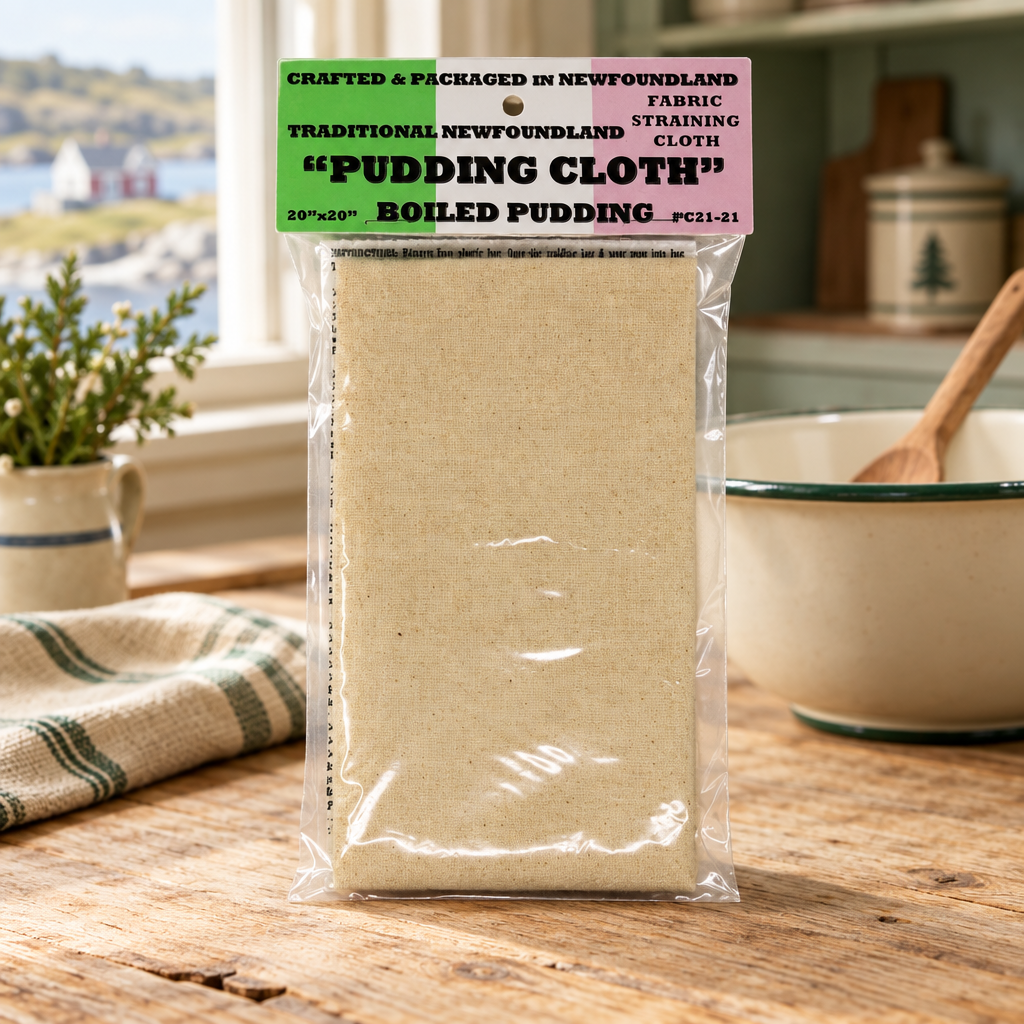 Packaged Traditional Newfoundland 20 by 20 inch pudding cloth in a warm kitchen setting