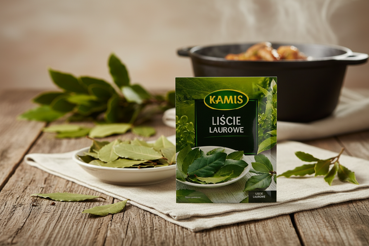 Kamis bay leaves packet on a rustic wooden table with fresh and dried bay leaves scattered artfully and a small white ceramic bowl filled with whole dried bay leaves and a steaming pot in the background