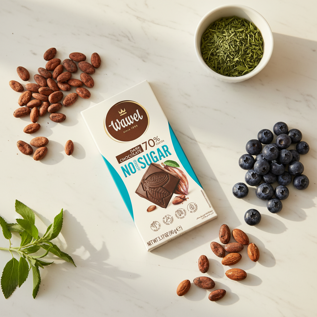 Wawel No Added Sugar 70% dark chocolate bar on white marble with cacao beans and blueberries