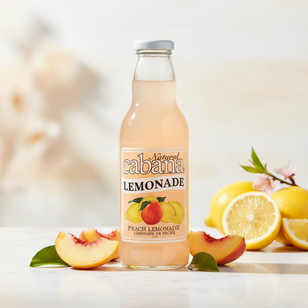 Natural Cabana Peach Lemonade bottle with premium background