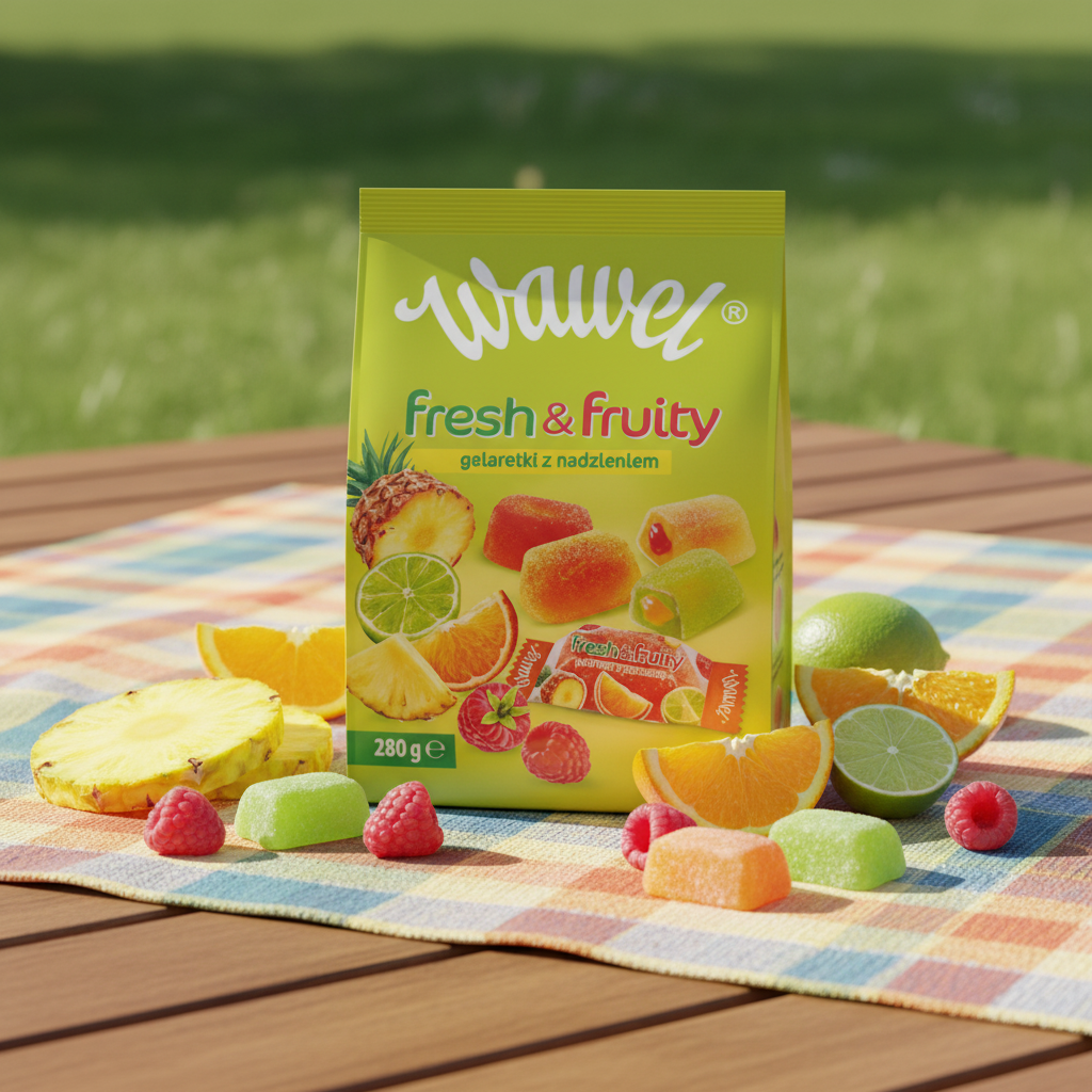 Wawel Fresh & Fruity jellies on a colourful outdoor picnic table with fresh fruits