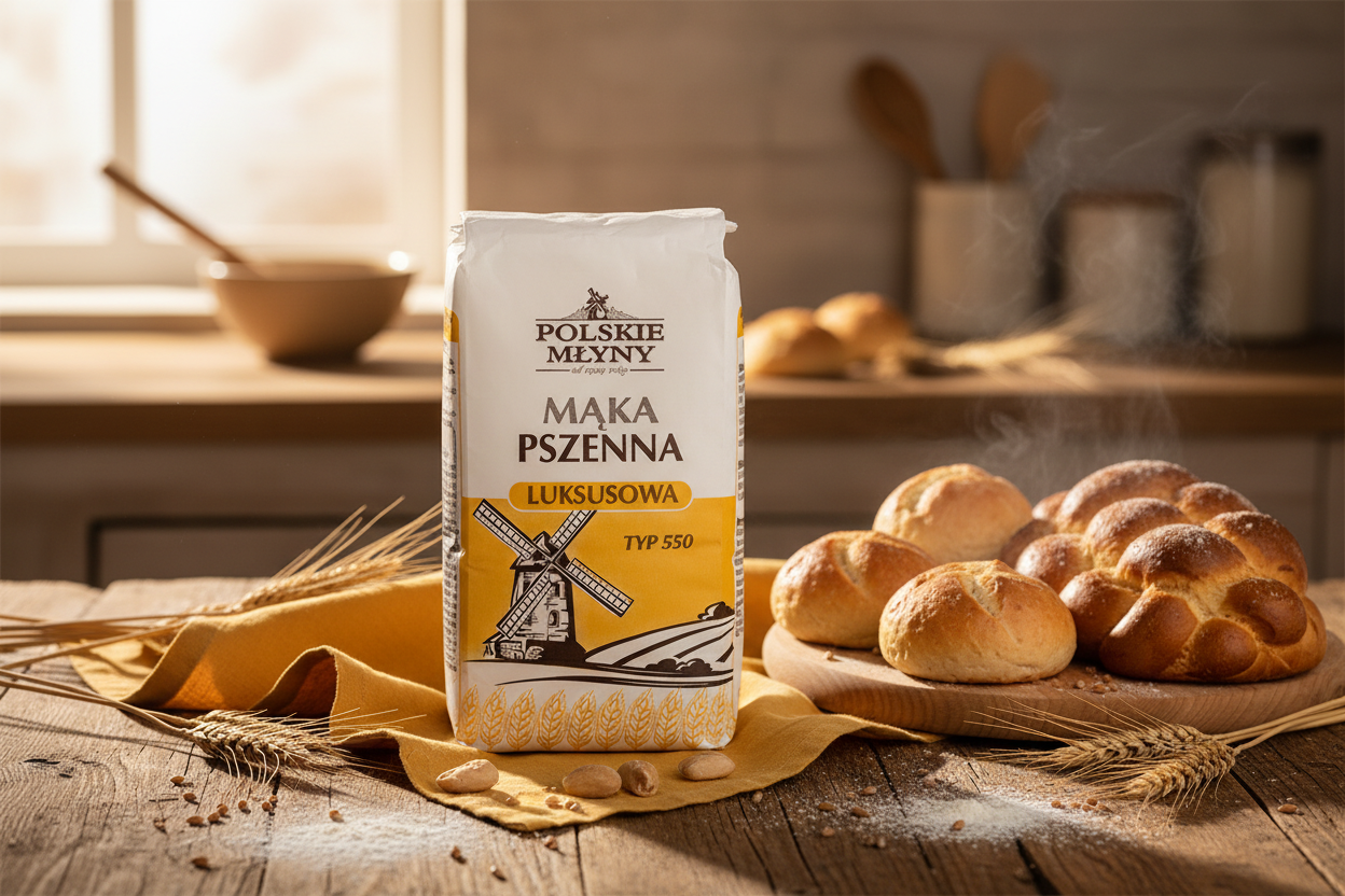 Polskie Młyny Luksusowa flour bag on a wooden table with golden dinner rolls and braided bread on a wooden board