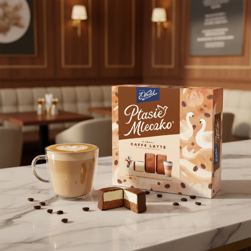 E. Wedel Ptasie Mleczko Caffè Latte box on marble café counter with latte art and coffee beans