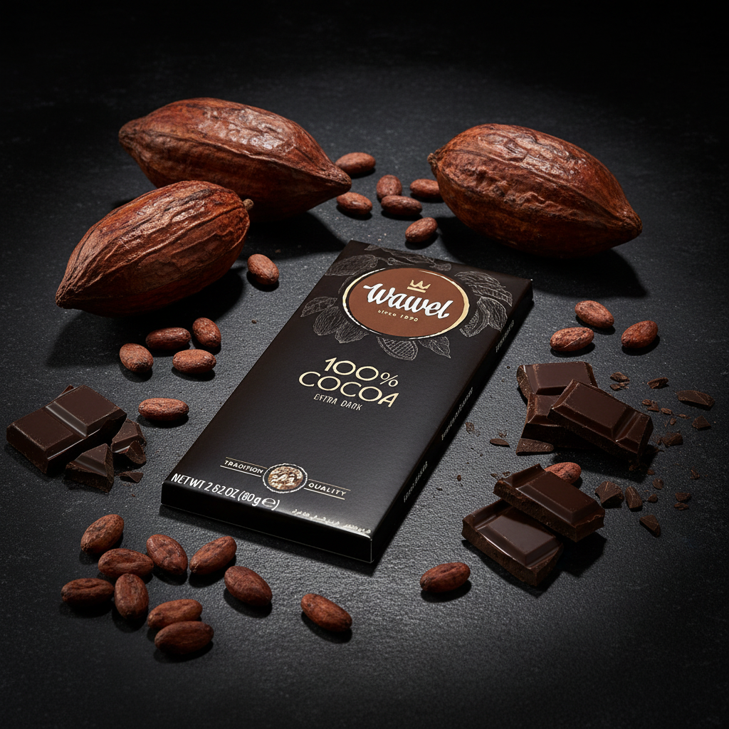Wawel 100% Cocoa Extra Dark bar on dark stone with cacao pods and beans
