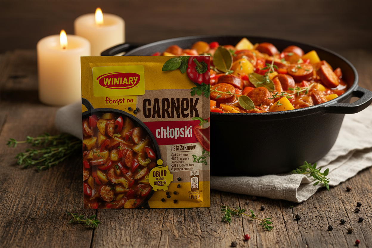 Winiary Pomyśl na garnek chłopski packet on a rustic wooden table with hearty Polish peasant stew in deep cast iron pot with chunky potato pieces sliced kielbasa red and yellow pepper chunks in rich savoury sauce with thyme and bay leaves alongside