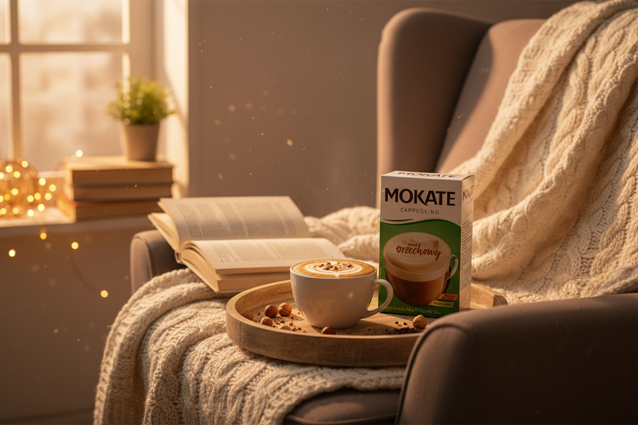 Mokate Cappuccino Orzechowy hazelnut cappuccino in a cozy autumn reading nook