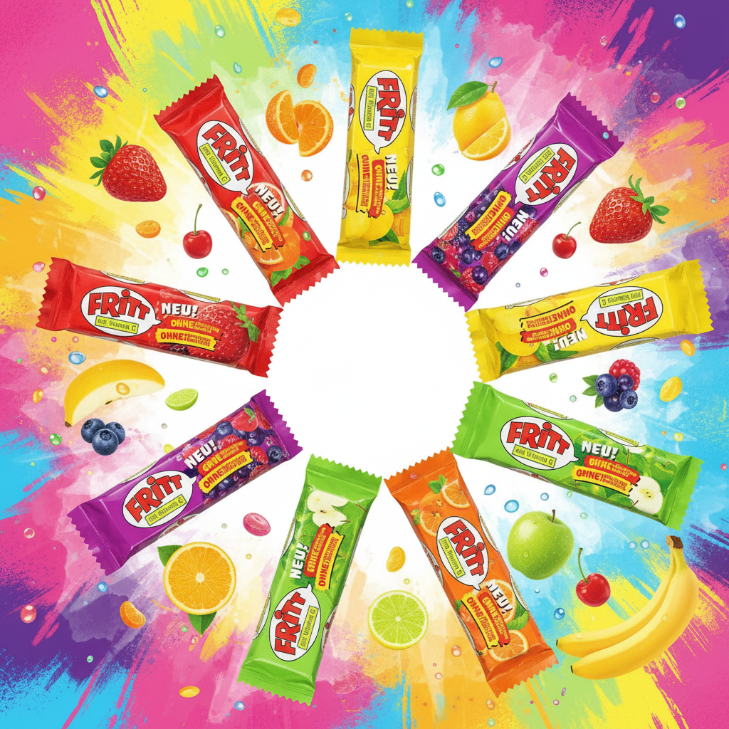 Fritt Chewy Candy in multiple colors with fruity background