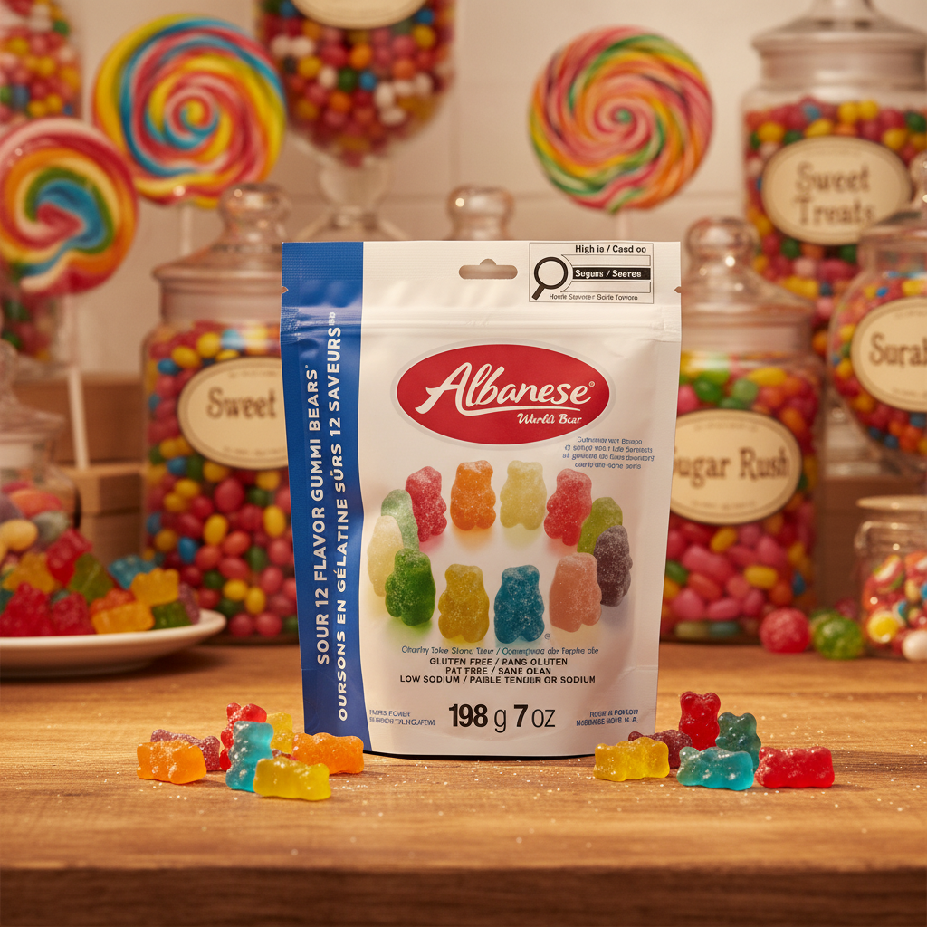 Albarese 12 Flavour Gummi Sour Bears in candy shop setting