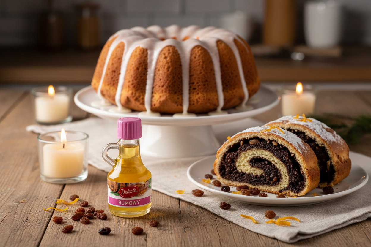 Delecta rum flavouring bottle on a wooden table with a golden babka cake with rum glaze and a slice of makowiec poppy seed roll by candlelight