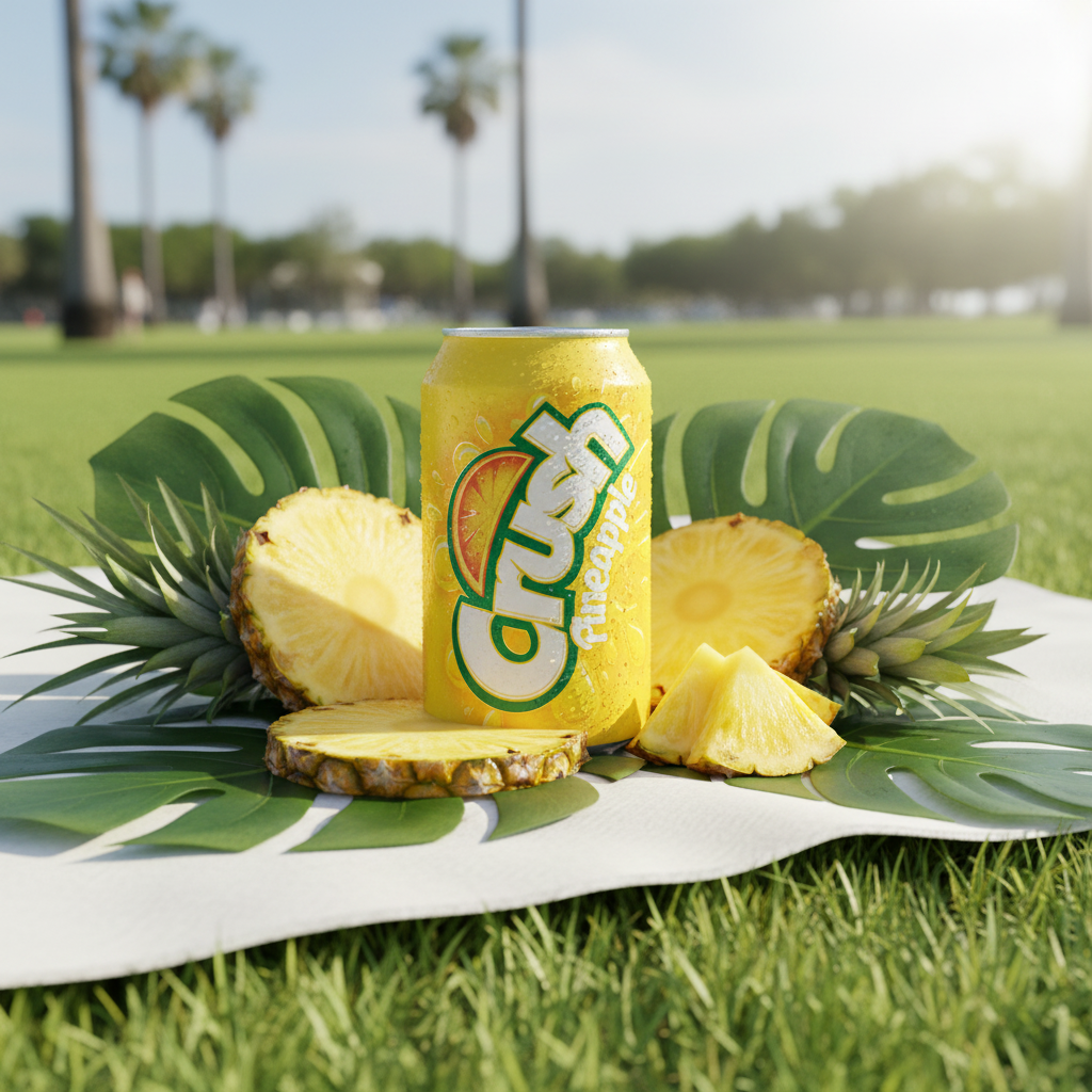 Crush Pineapple can at sunny outdoor picnic with fresh pineapple slices and tropical leaves