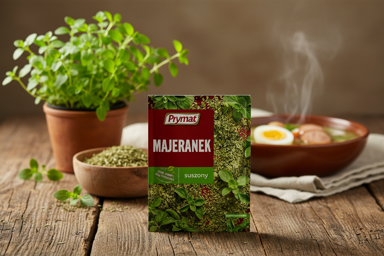 Prymat dried marjoram packet on a rustic wooden table with potted fresh marjoram plant and small wooden bowl of dried marjoram and steaming bowl of Polish żurek sour rye soup with hard boiled egg and white sausage in the background