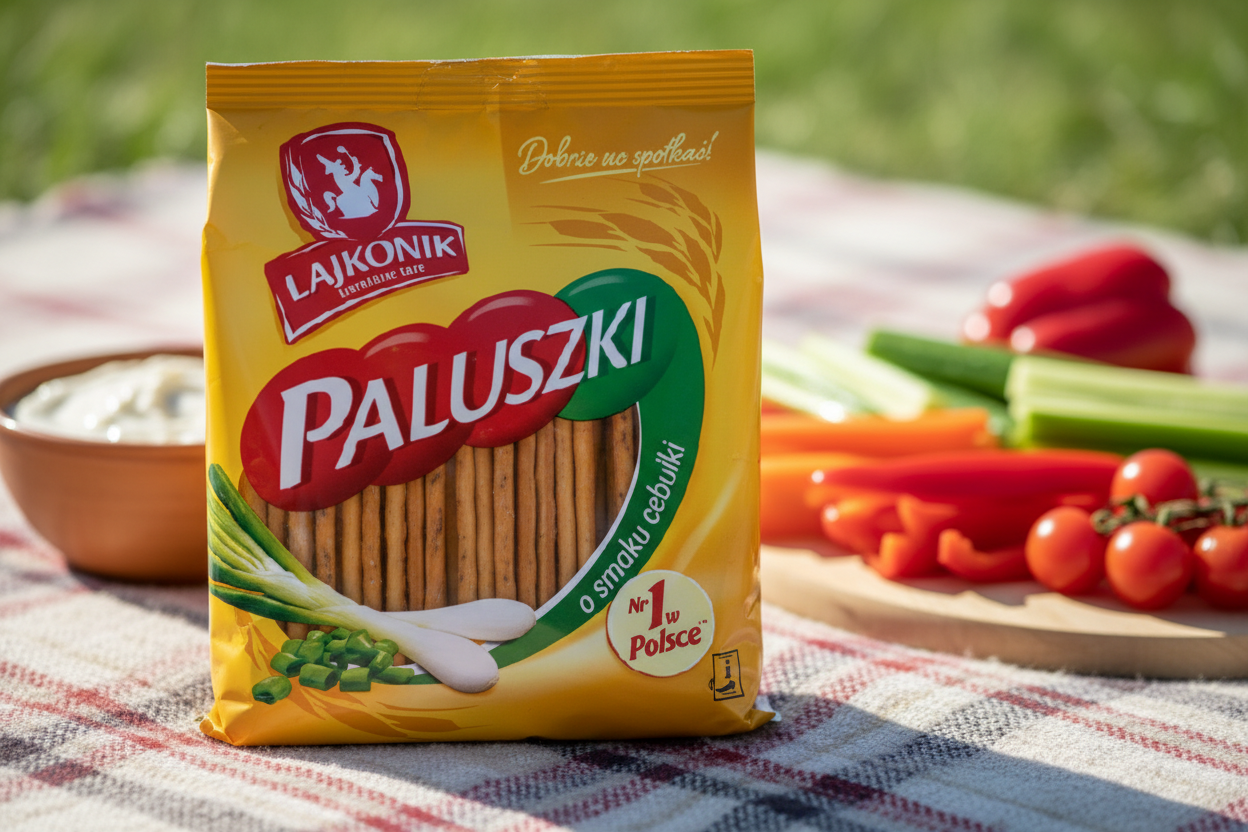 Lajkonik onion breadsticks on picnic blanket with fresh vegetables