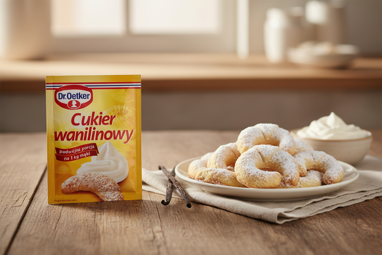 Dr. Oetker vanilla sugar packet on a wooden table with golden vanilla crescent cookies dusted with powdered sugar and a vanilla pod alongside
