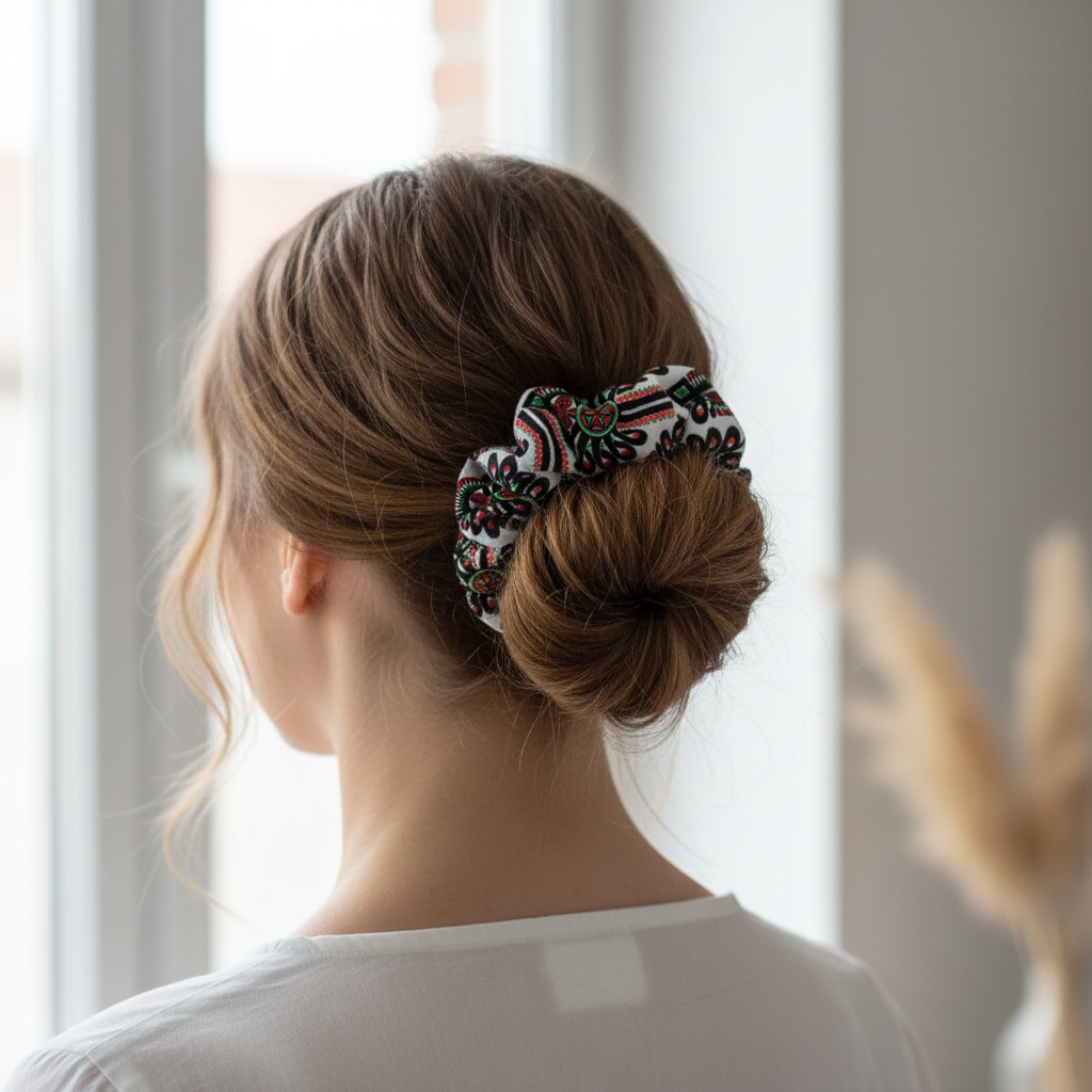 Folkstar Parzenica folk scrunchie worn in a woman's elegant bun hairstyle