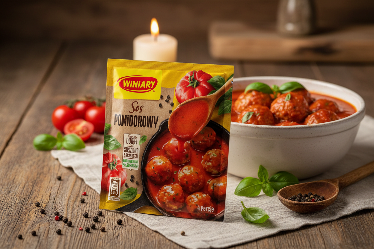 Winiary tomato sauce packet on a wooden table with a deep red tomato sauce in a white ceramic bowl with tender meatballs and fresh basil leaves and halved cherry tomatoes alongside
