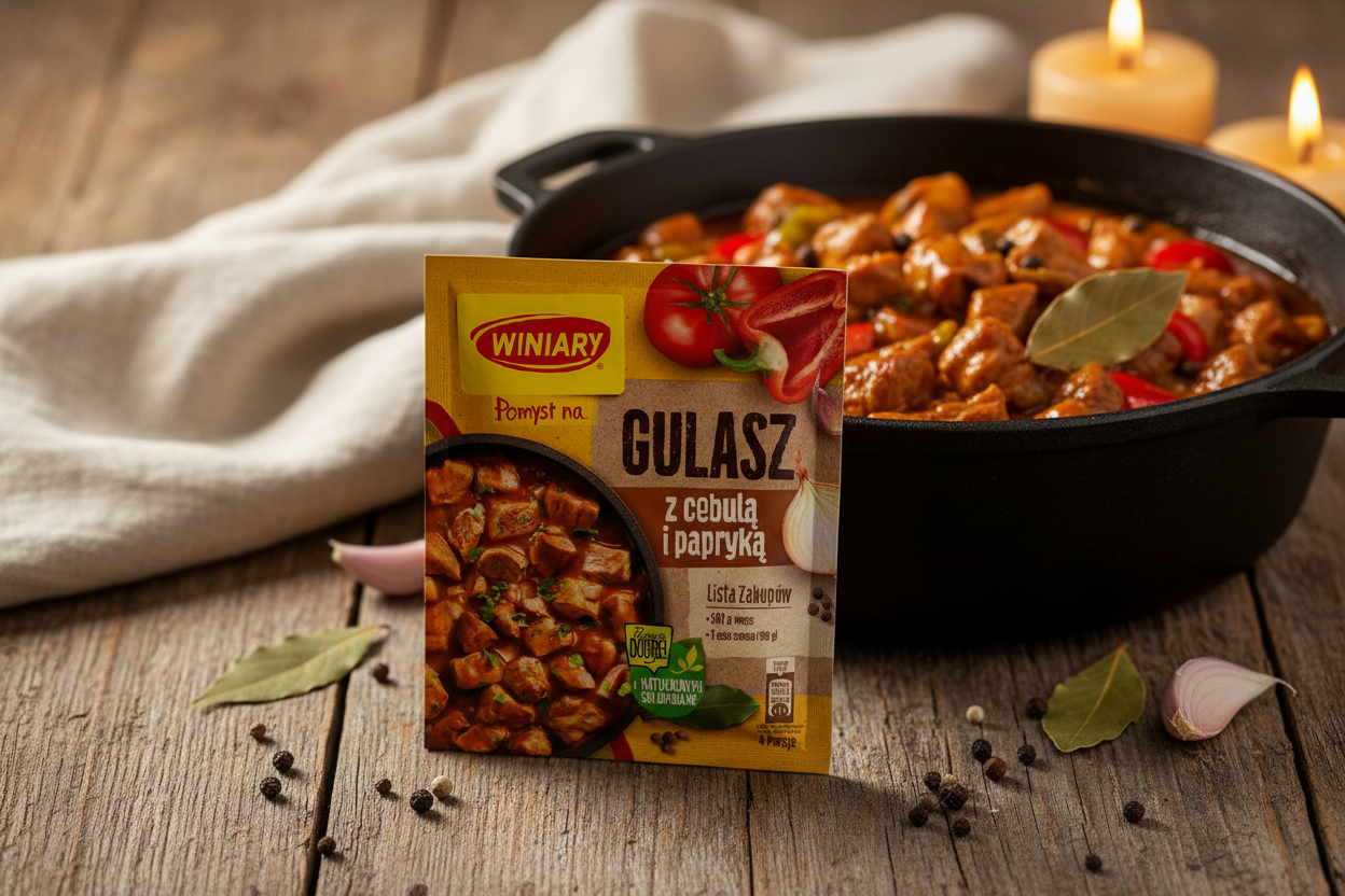 Winiary Pomyśl na gulasz packet on a rustic wooden table with rich dark amber Polish goulash in deep cast iron pot with tender meat chunks and sliced peppers and bay leaves alongside