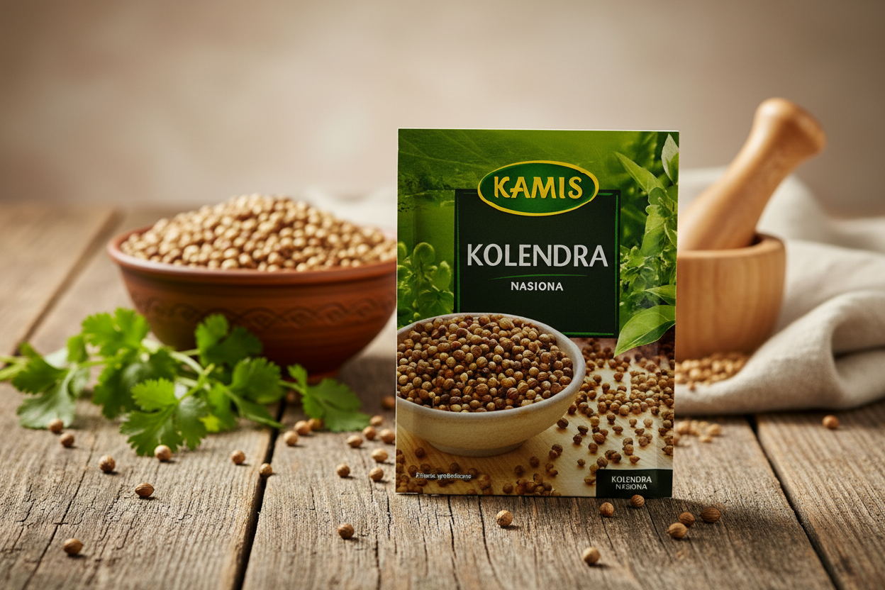 Kamis coriander seeds packet on a rustic wooden table with ceramic bowl overflowing with whole coriander seeds and fresh coriander leaves and small wooden mortar and pestle alongside