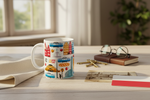 Folkstar Wrocław city mug lifestyle shot on wooden table with vintage postcard and Polish flag