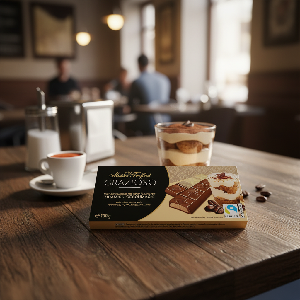 Maitre Truffout Grazioso Tiramisu with realistic Italian dessert cafe background