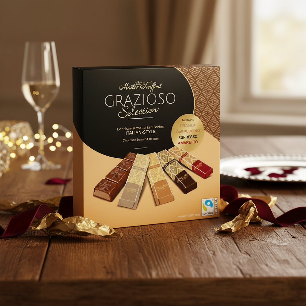 Maitre Truffout Grazioso Selection Italian Style with realistic elegant gift presentation background