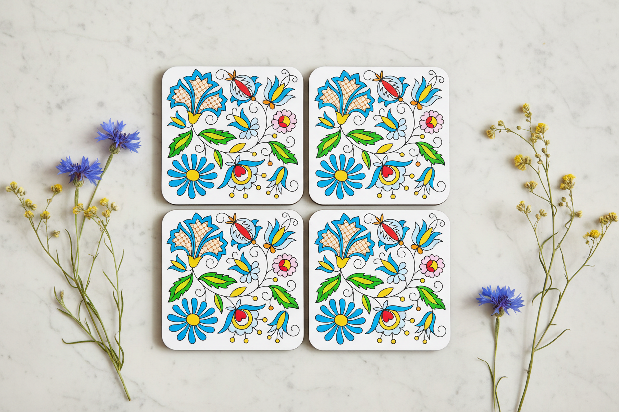 Folkstar Kashubian folk cork coasters arranged in flat lay on marble surface