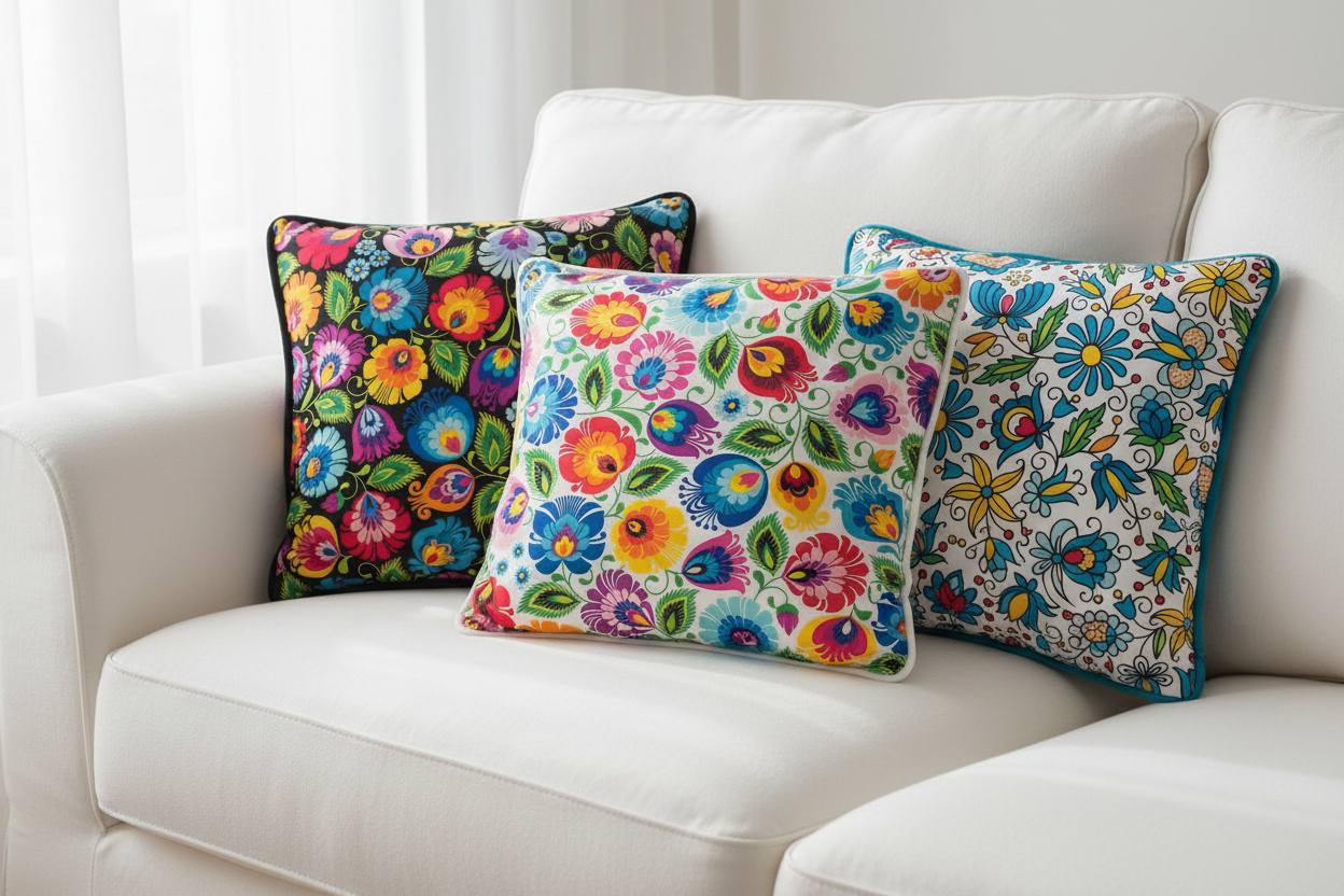 Three vibrant Polish folk art Łowicz pattern cushions arranged on a white linen sofa
