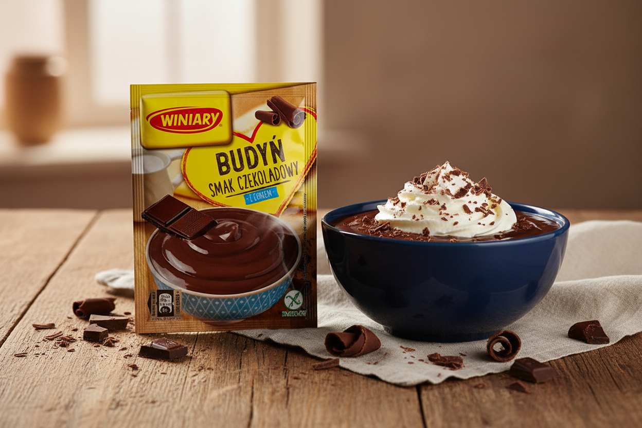 Winiary chocolate pudding packet on a wooden table with a rich dark chocolate pudding in a blue ceramic bowl with whipped cream and chocolate shavings