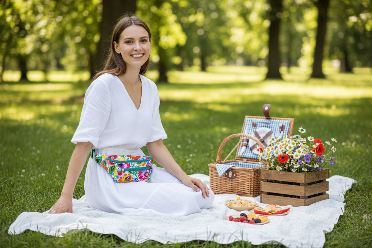 Folkstar white floral fanny pack worn at a sunny summer picnic in the park
